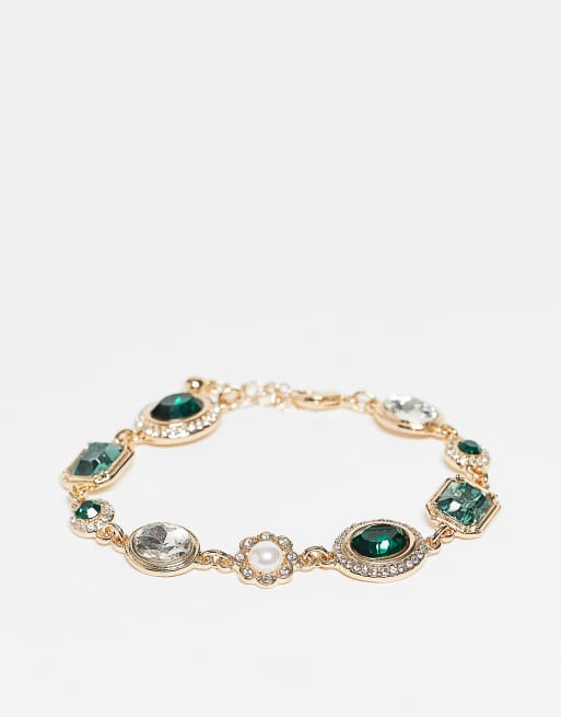 Reclaimed Vintage - Bracelet chaîne unisexe avec pierres fantaisie vertes - Doré