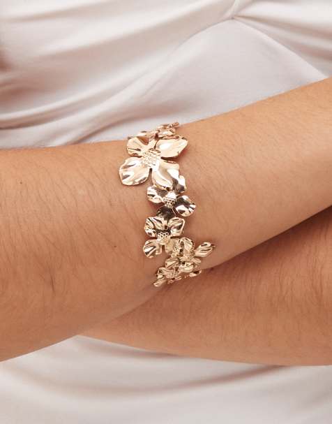 Reclaimed Vintage - Bracelet jonc à détails fleurs - Doré - view 1