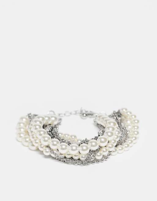 Reclaimed Vintage - Bracelet multi-rangs unisexe avec perles nacrées - Argenté
