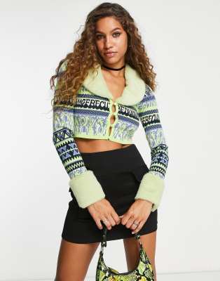 branded fairisle cropped cardigan with fur trim-Green