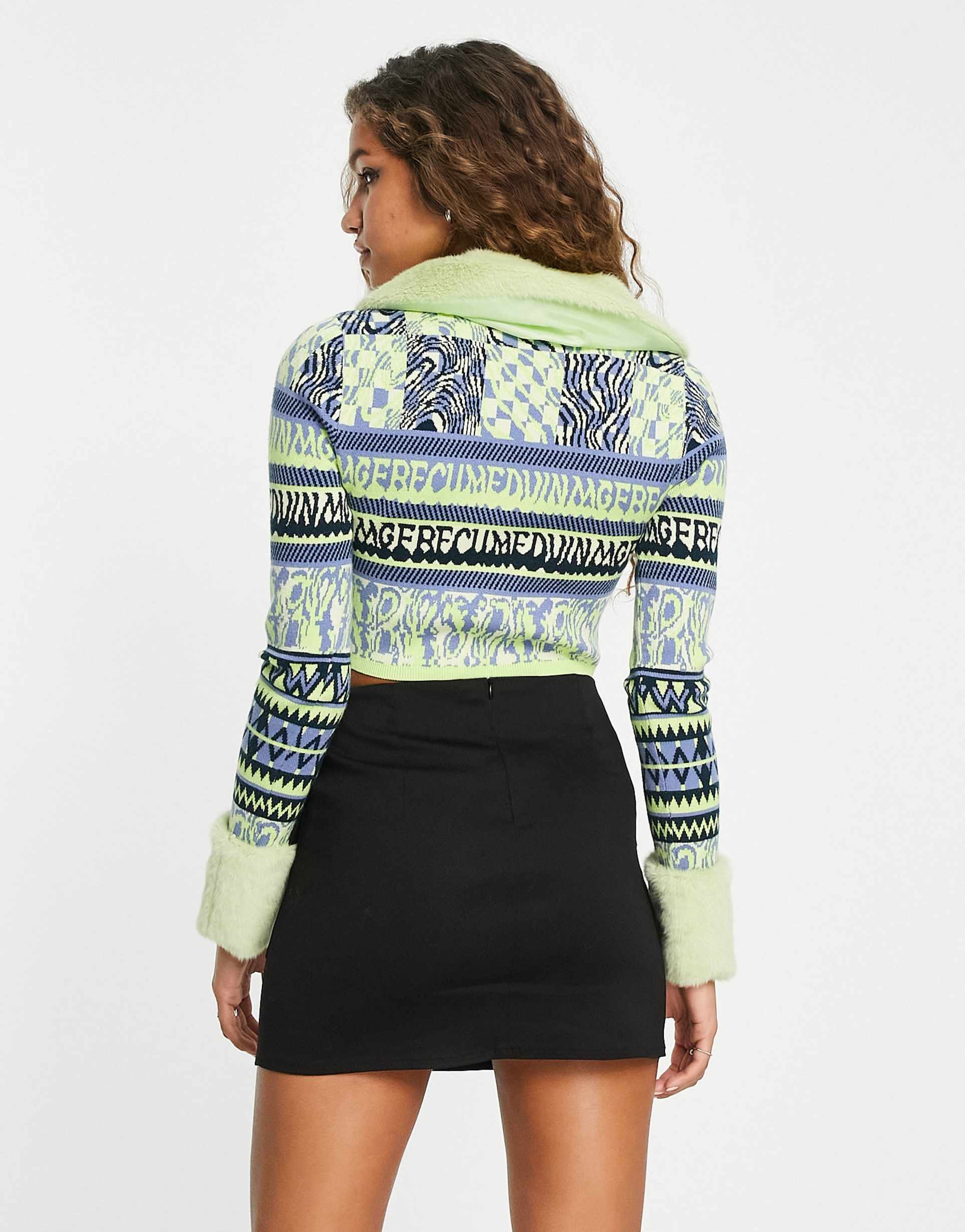 Reclaimed Vintage branded fairisle cropped cardigan with fur trim view 3