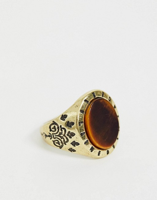 Reclaimed Vintage branded tigers eye semi precious stone ring in burnished gold exclusive to ASOS