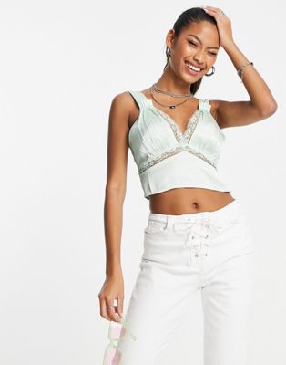 Reclaimed Vintage satin bralette with pretty lace trim in sage - ASOS Price Checker