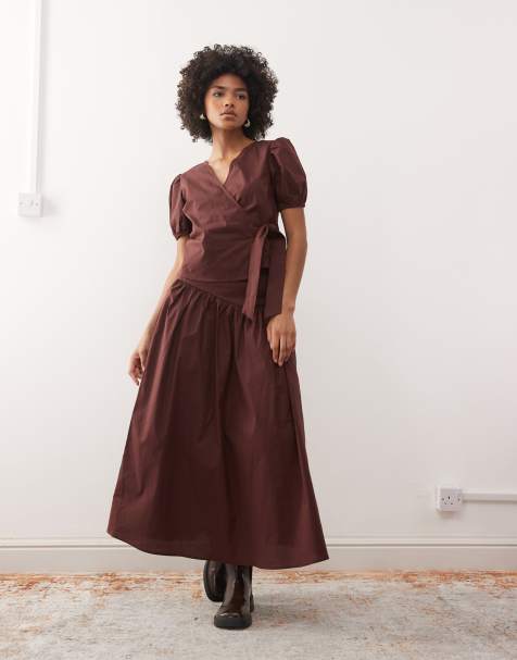 Reclaimed Vintage midi skirt with dropped waist detail in brown