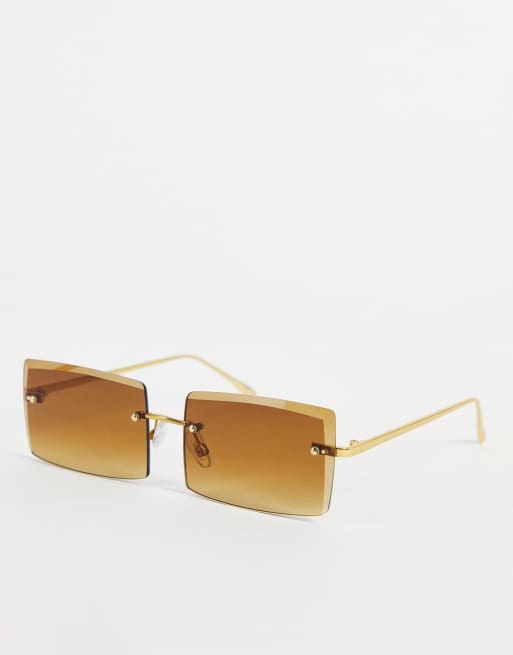 Reclaimed Vintage – Brązowe prostokątne okulary przeciwsłoneczne bez oprawek w stylu lat 2000.
