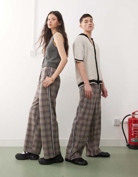 Reclaimed Vintage unisex wide leg trouser in brown check