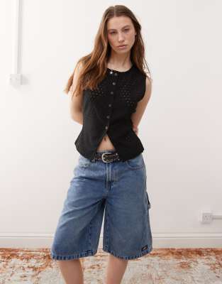 Reclaimed Vintage Broderie Button Through Vest In Black