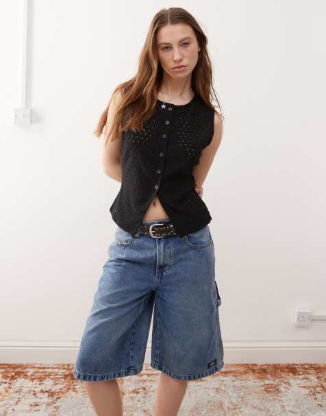Reclaimed Vintage broderie button through vest in black - view 1