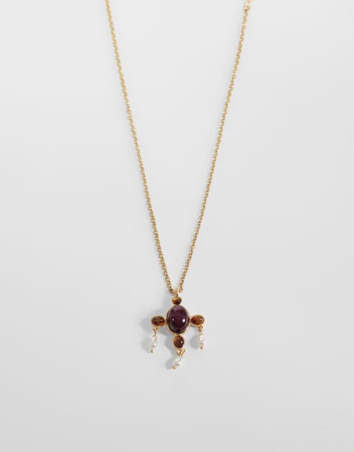 Reclaimed Vintage brown agate cross pendant with pearl drops in gold, 1 of 3