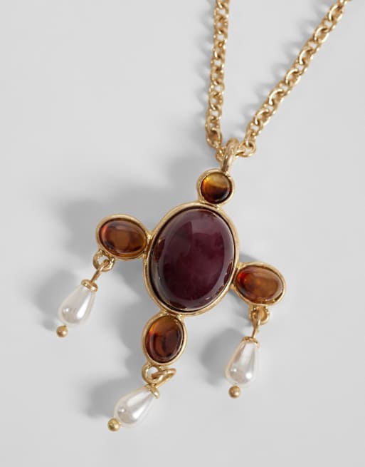 Reclaimed Vintage brown agate cross pendant with pearl drops in gold, 3 of 3