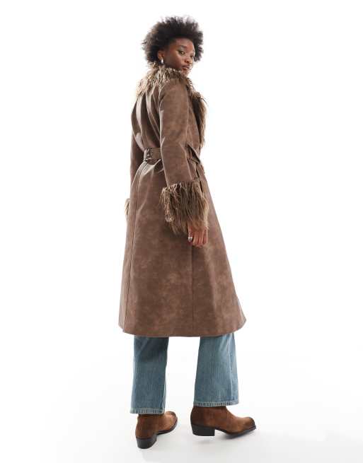 Reclaimed Vintage brown longline leather look mac with detachable faux fur collar ASOS