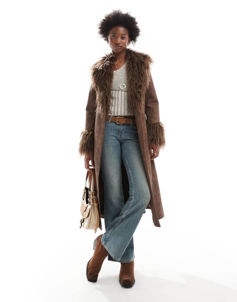 Reclaimed Vintage brown longline leather look mac with faux fur collar - view 1