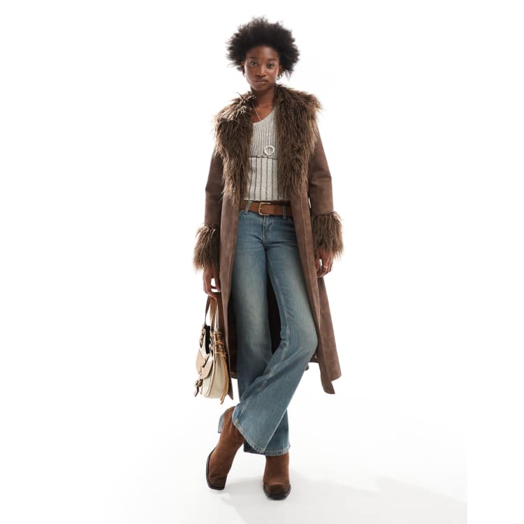 Reclaimed Vintage brown longline leather look mac with faux fur collar ASOS
