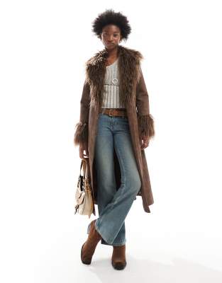 brown longline leather look trench coat with detachable faux fur collar