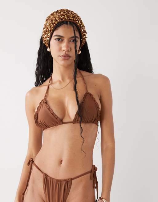 Reclaimed Vintage - Brun bikini med flæser og bindebånd i siderne