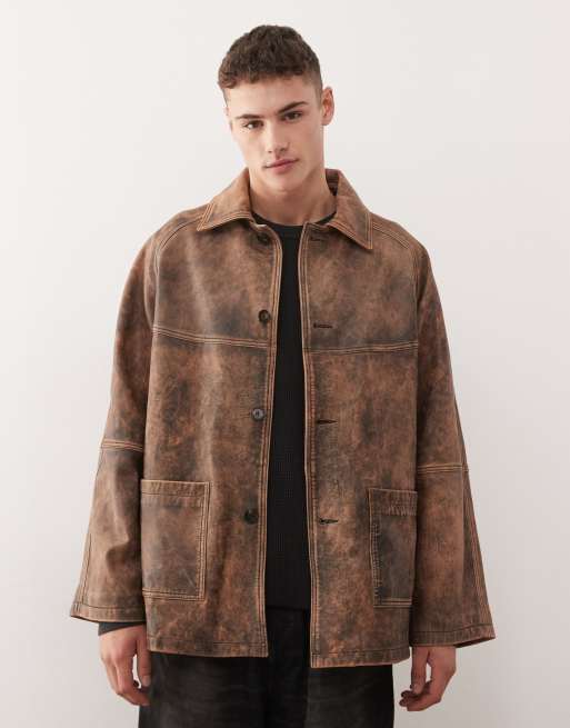 Reclaimed Vintage – Brun, lång, sliten jacka i äkta läder