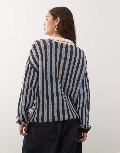 Reclaimed Vintage – Brun och blå, randig, stickad pikétröja, 4 av 4