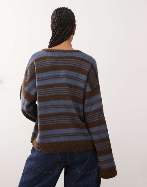 Reclaimed Vintage – Brun- och blårandig, stickad och borstad kofta, 4 av 4