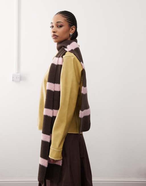Reclaimed Vintage – Brun och rosa, randig, fluffig halsduk