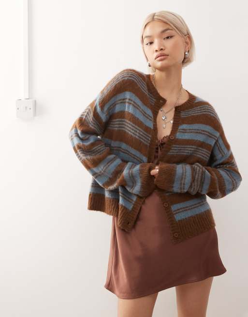 Reclaimed Vintage - Brun og blå firkantet cardigan i lodden strik med striber