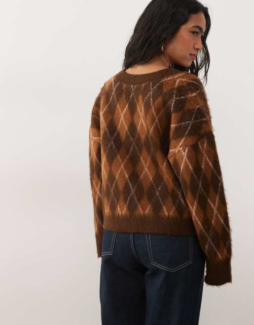 Reclaimed Vintage - Brun og orange striktrøje med V-hals og argyle-mønster, 4 af 4