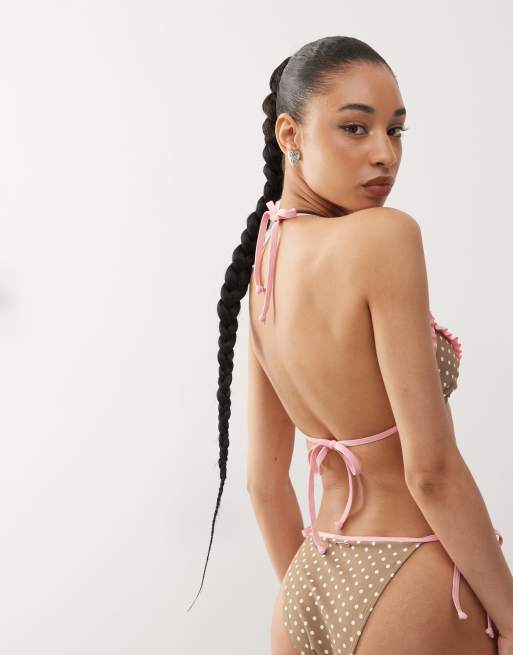 Reclaimed Vintage - Brun trekantsbikinitop med lyserøde flæser og polkaprikker, 4 af 4
