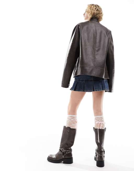 Reclaimed Vintage – Bruntvättad bikerjacka i unisex-modell och läderstil, 4 av 4