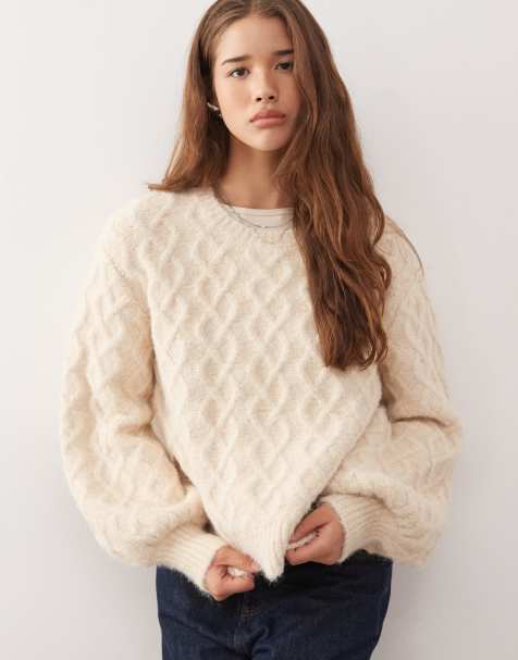 Reclaimed Vintage brushed chunky cable knitted jumper in cream