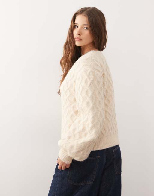 Reclaimed Vintage brushed chunky cable knitted jumper in cream, 2 of 4