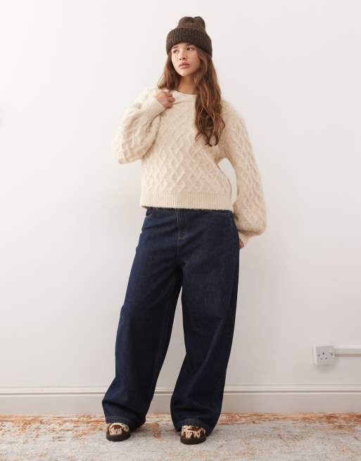 Reclaimed Vintage brushed chunky cable knitted jumper in cream, 3 of 4