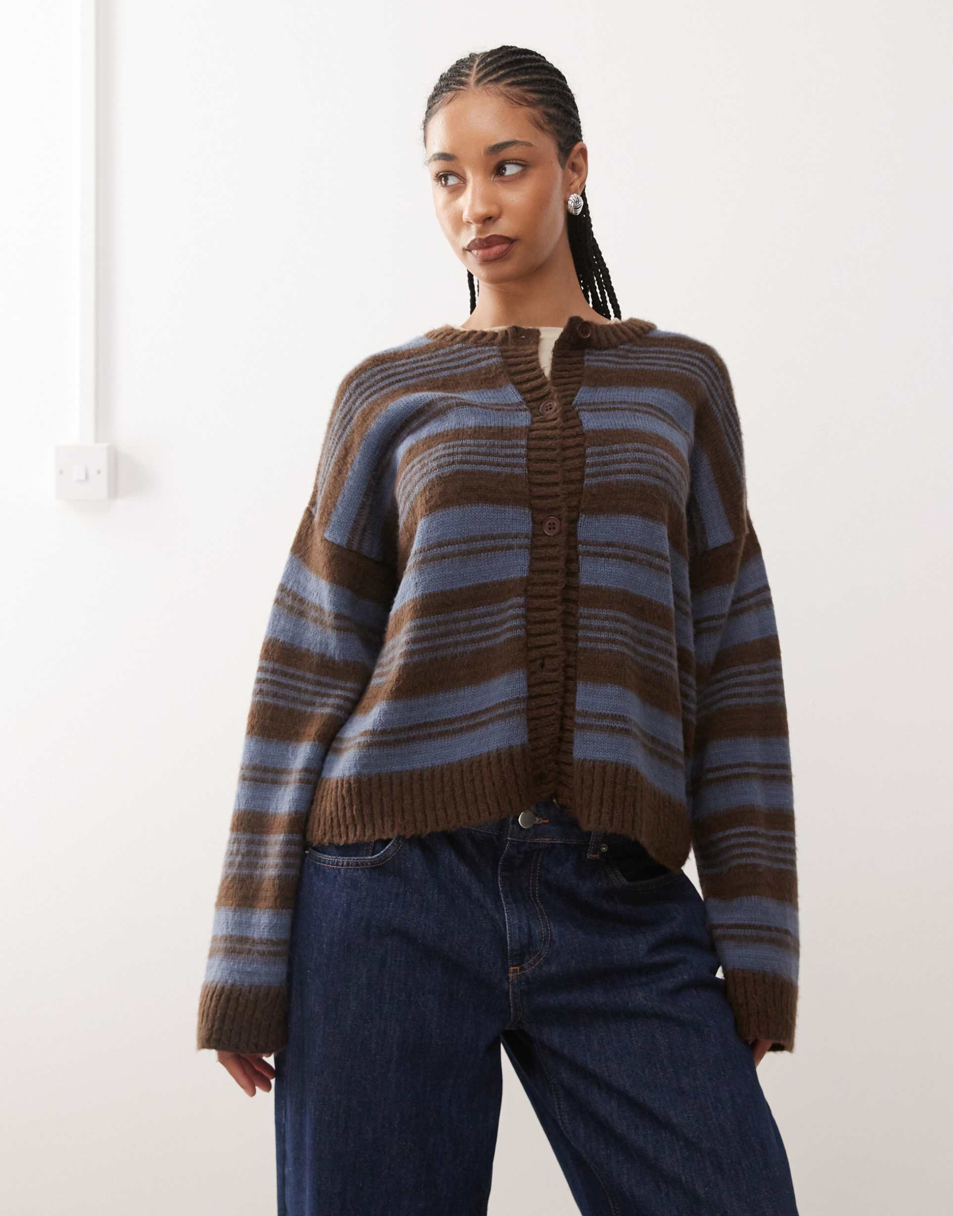 reclaimed vintage brushed knit cardigan in brown and blue stripes