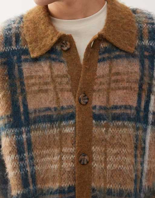 Reclaimed Vintage brushed knit cardigan in neutral plaid