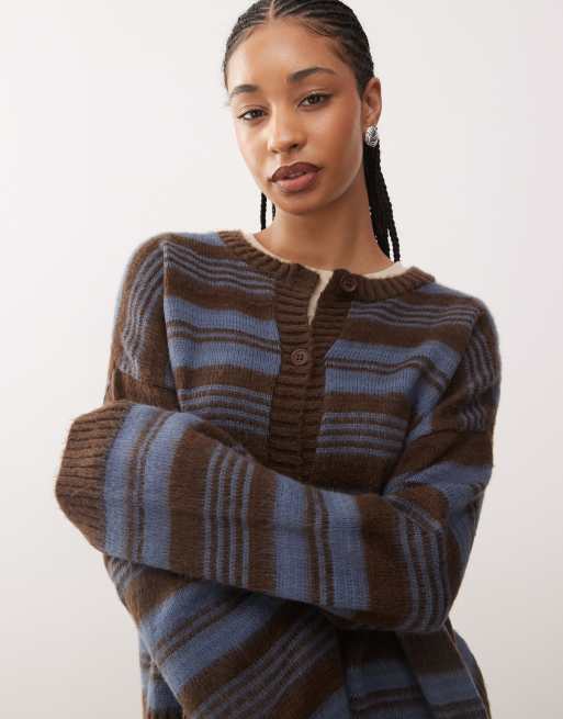 Reclaimed Vintage brushed knitted cardigan in brown and blue stripe, 2 of 4
