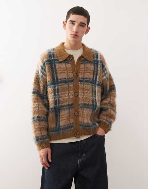 Reclaimed Vintage brushed knitted cardigan in neutral check - view 1
