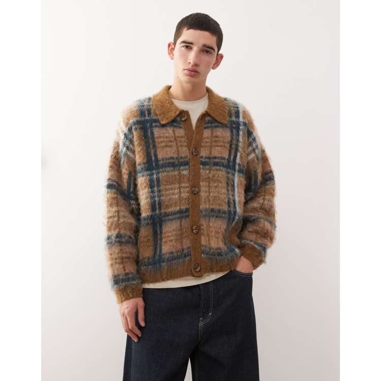 Reclaimed Vintage brushed knitted cardigan in neutral check | ASOS