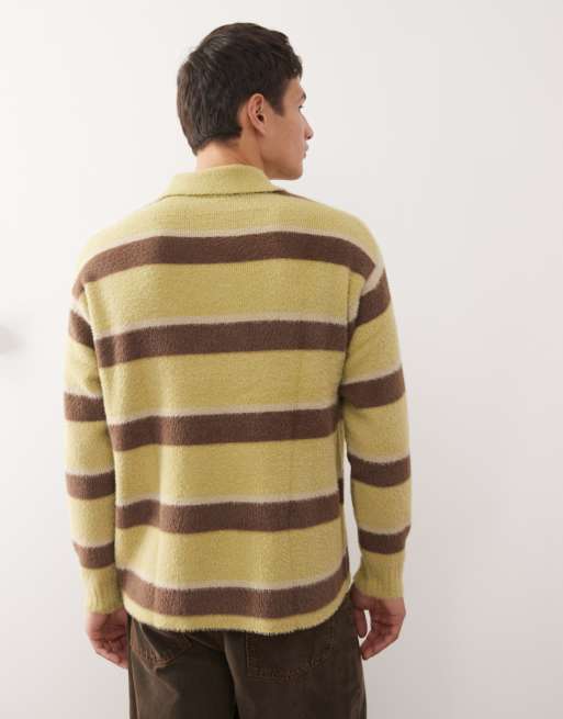 Reclaimed Vintage brushed knitted polo jumper in soft stripe, 3 of 5