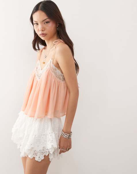 Reclaimed Vintage lingerie cami top with lace in peach