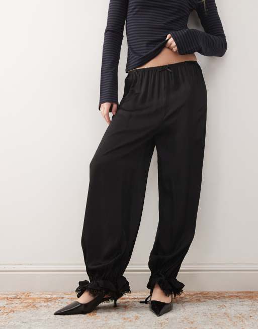 Reclaimed Vintage bubble hem satin trouser with lace trim in black