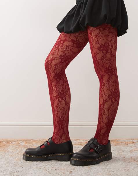 Reclaimed Vintage burgundy red floral lace tights - view 1