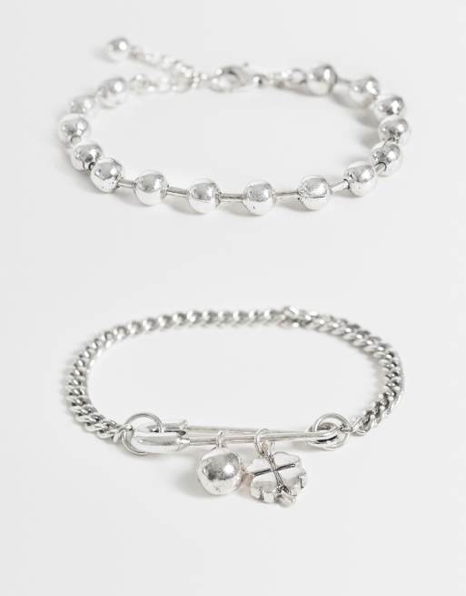 Reclaimed Vintage burnished silver bracelet two pack with safety pin and charms