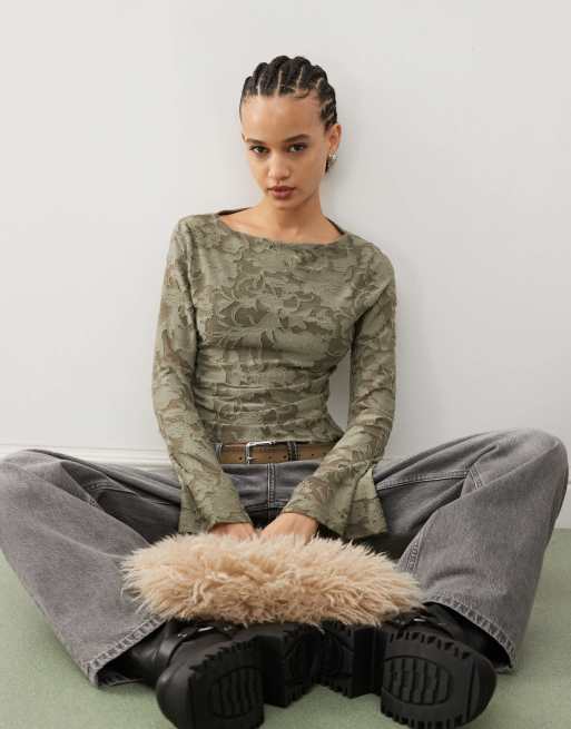 Reclaimed Vintage - Burnout top met lange mouwen in kaki