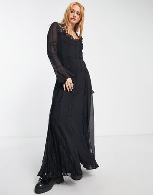 Reclaimed Vintage button front maxi tea dress with lace in black