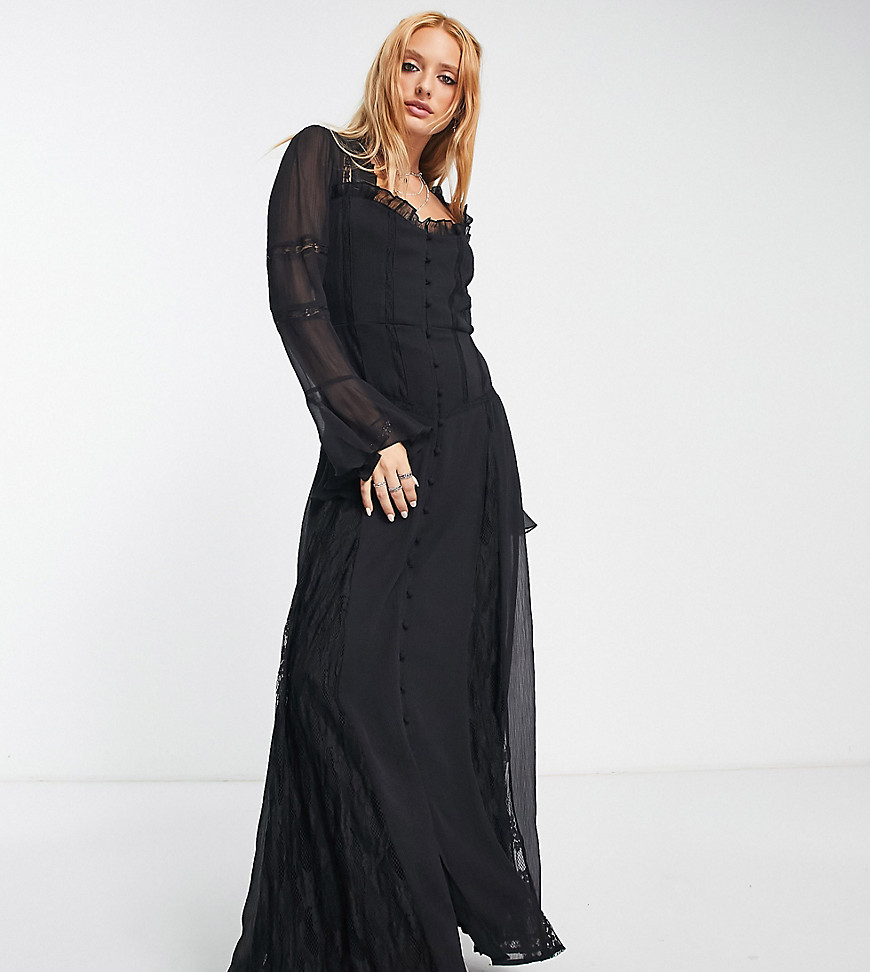 Reclaimed Vintage button front maxi tea dress with lace in black