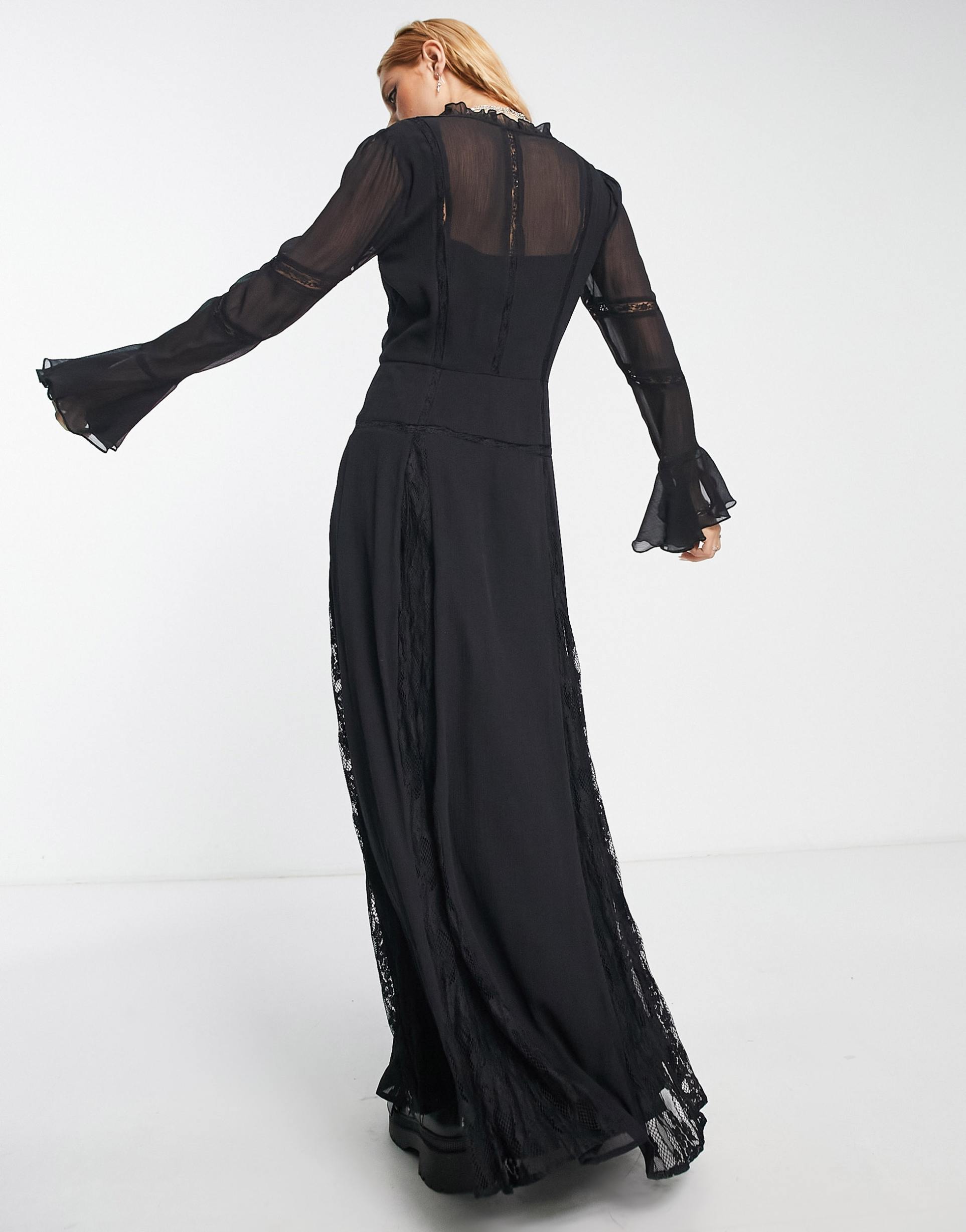 Reclaimed Vintage button front maxi tea dress with lace in black view 3