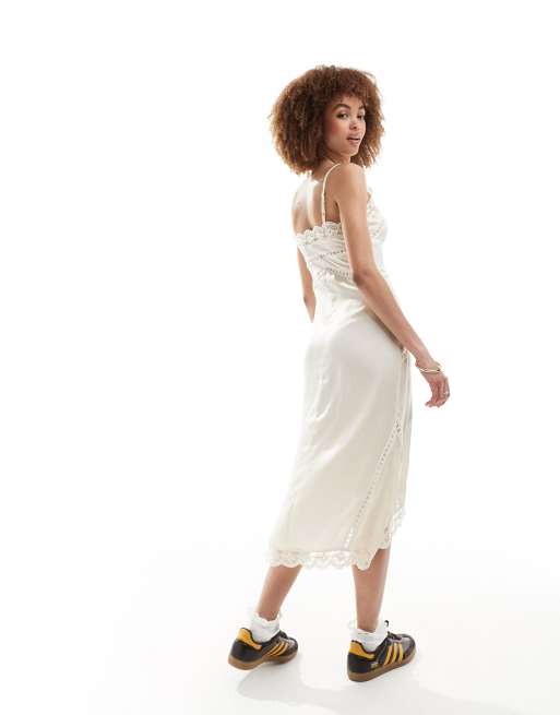 Reclaimed Vintage button front slip dress with lace in antique cream | ASOS