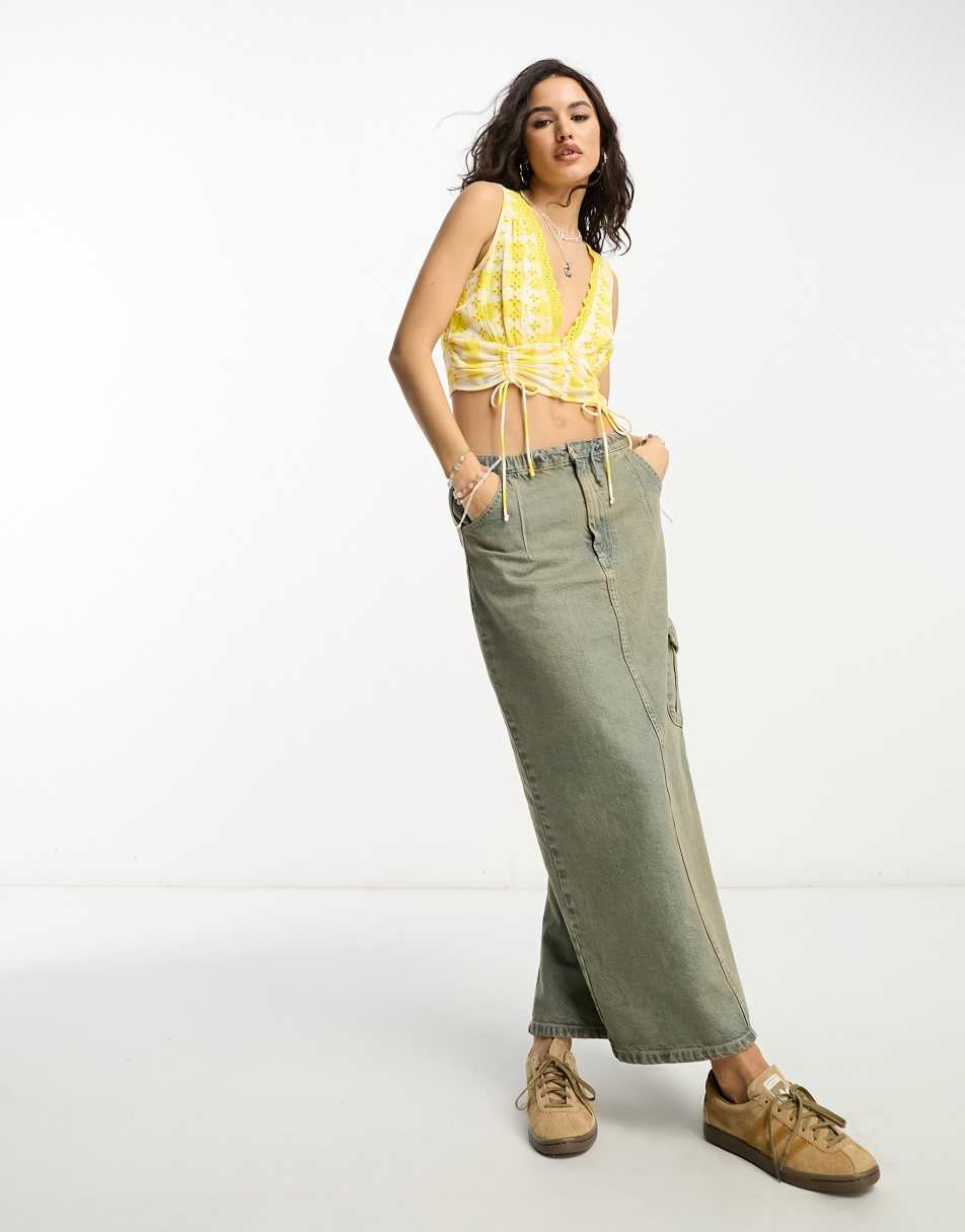 Reclaimed Vintage button front top in yellow gingham with lace trim and ruched detail
