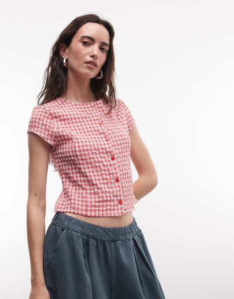 Reclaimed Vintage button through blouse in red check - view 1