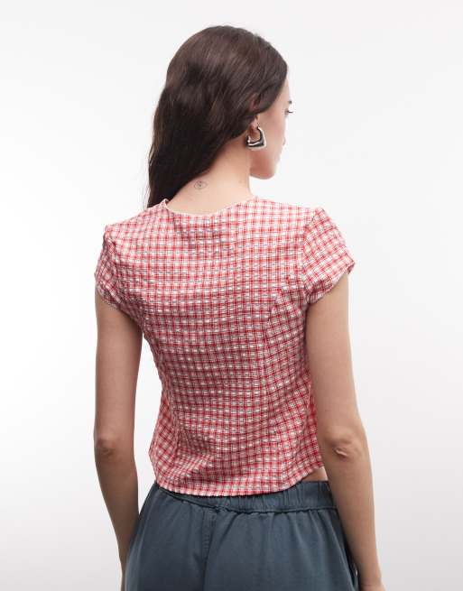 Reclaimed Vintage button through blouse in red check, 4 of 4