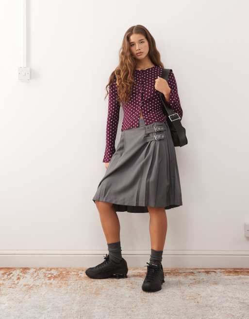 Reclaimed Vintage button through flare sleeve top in burgundy and blue polka dot