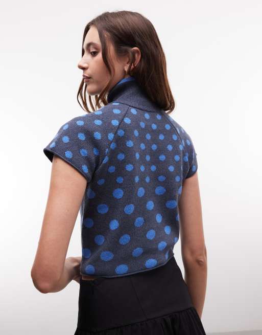 Reclaimed Vintage button through high neck compact knitted tank in navy polka dot, 4 of 4